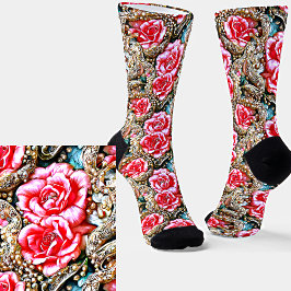 Schöne rosa Blume & Perlen Metallischer 3D-Effekt Socken