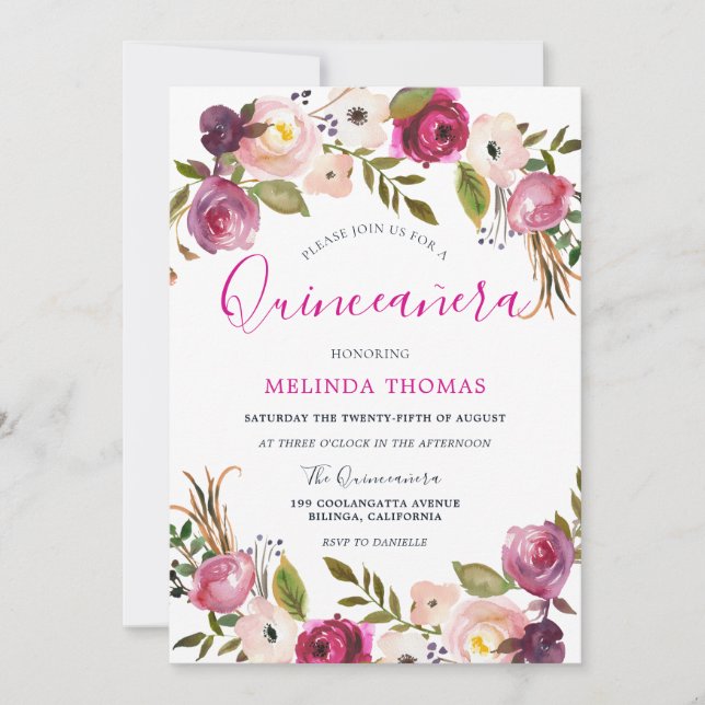 Schöne rosa Blume Quinceanera 15. Geburtstag Einladung (Vorderseite)