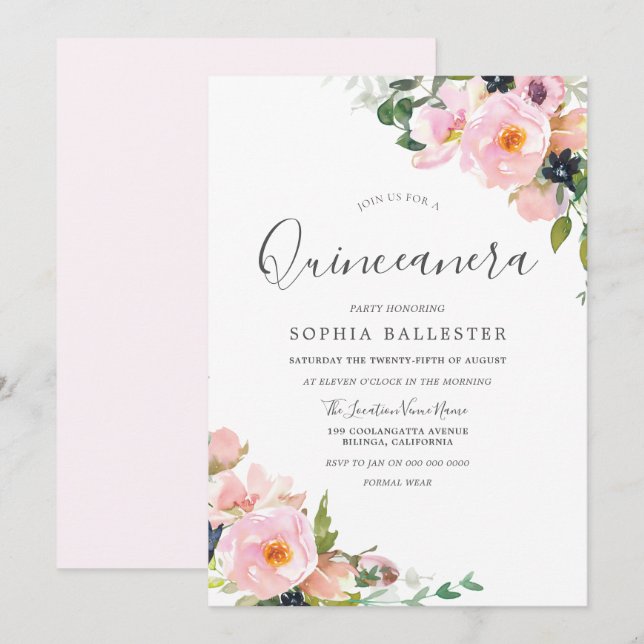 Schöne Rosa Blume Quinceanera Party Einladung (Vorne/Hinten)