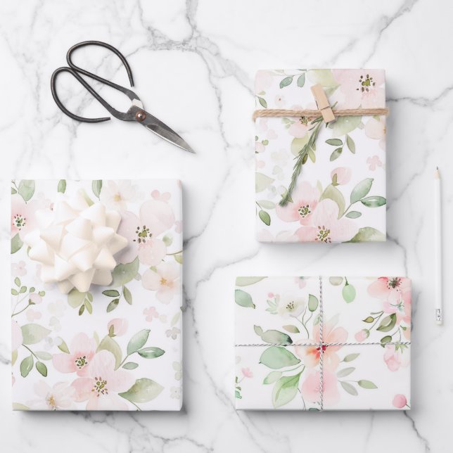 Schöne rosa Blumen Geburtstag Geschenkpapier Set (Vorderseite)