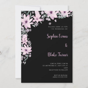 Schöne rosa Blumen Romantische schwarze Hochzeit Einladung