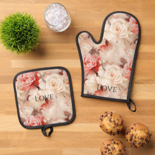 Schöne rosa Blush-Cream-Rosenblüte Ofenhandschuh & Topflappen-Set