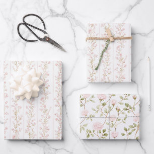 Schöne Rosa Blüten Streifen Brautparty Geschenkpapier Set