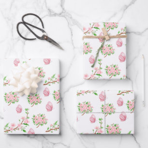 Schöne rosa Blüten und rosa Schmetterlinge Geschenkpapier Set