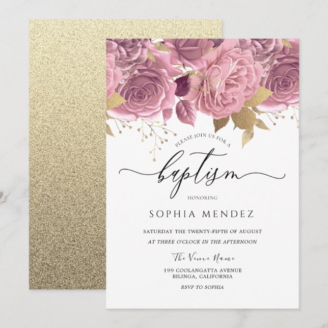 Schöne Rosa Blütenpinsel Gold Girls Taufe Einladung (Vorne/Hinten)