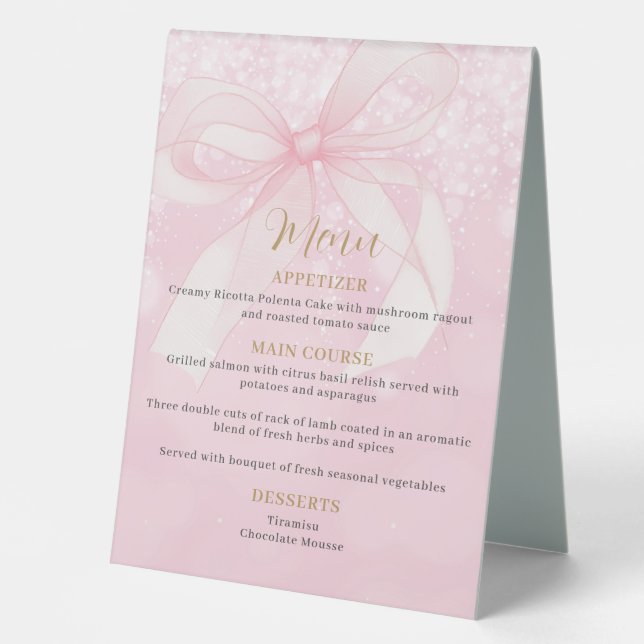 Schöne rosa Bow Ribbon Sweet 16 Menu Bar Cocktails Tischaufsteller (Vorderseite)