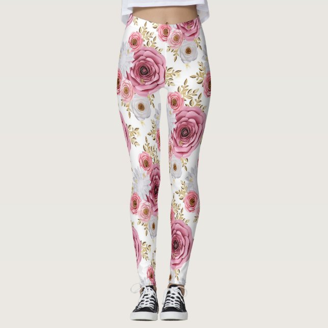 Schöne Rosa Farbe mit Blumenmuster der Rose Leggings (Vorderseite)