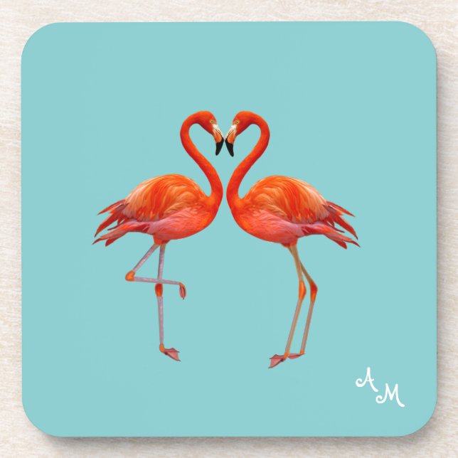 Schöne rosa Flamingos und Monogramm auf Hellblau Getränkeuntersetzer (Vorderseite)