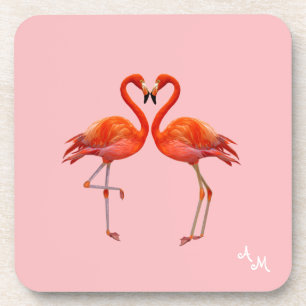 Schöne rosa Flamingos und Monogramm auf hellrosa Getränkeuntersetzer
