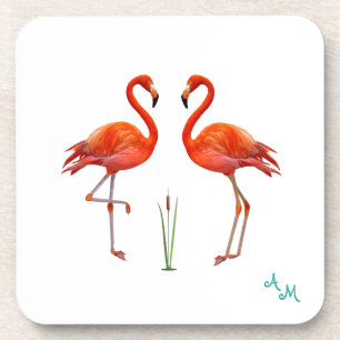 Schöne rosa Flamingovögel & Monogramm auf Weiß Getränkeuntersetzer