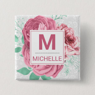 Schöne rosa Gartenrosen Monogramm Button