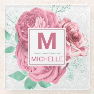 Schöne rosa Gartenrosen-Monogramm Glasuntersetzer