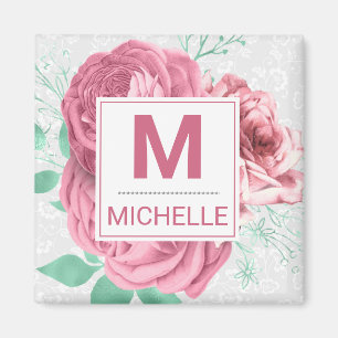 Schöne rosa Gartenrosen Monogramm Magnet