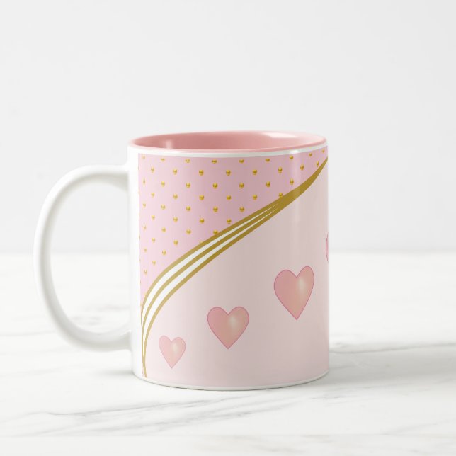 Schöne rosa Herzen & Gold Confetti Zweifarbige Tasse (Links)