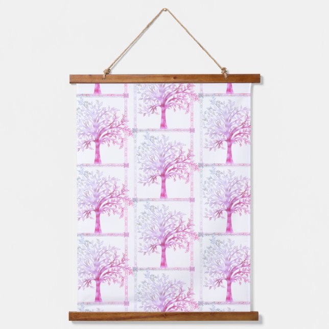 Schöne rosa Moderne Bäume des Lebens Kunst Wandteppich Mit Holzrahmen (Vorderseite)