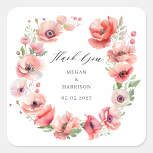 Schöne rosa Mohnblume Blume Danke Square Quadratischer Aufkleber