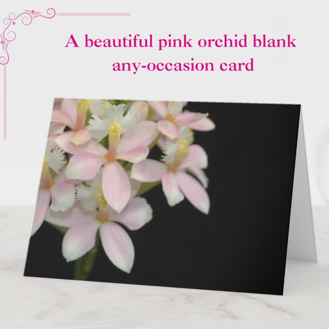 Schöne rosa Orchid-Blume auf schwarz - leere Karte (A beautiful pink orchid floral blank, any-occasion card.)