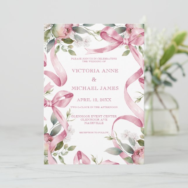 Schöne Rosa Ribbons & Blumenzwiebeln. Einladung (Stehend Vorderseite)
