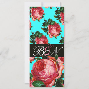 SCHÖNE ROSA ROSE AQUA BLAU TEAL BLUMEN-MONOGRAMM EINLADUNG