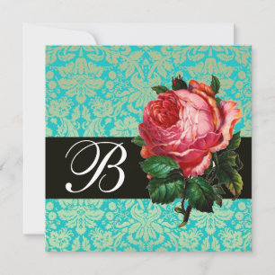 SCHÖNE ROSA ROSE  BLAUE SCHWARZE DAMAST-MONOGRAMM EINLADUNG