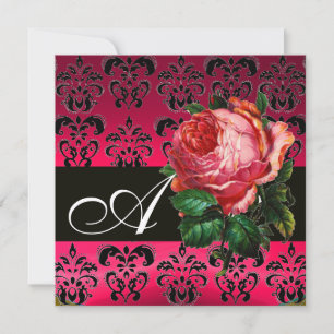 SCHÖNE ROSA ROSE FUCHSIE SCHWARZER DAMAST MONOGRAM EINLADUNG