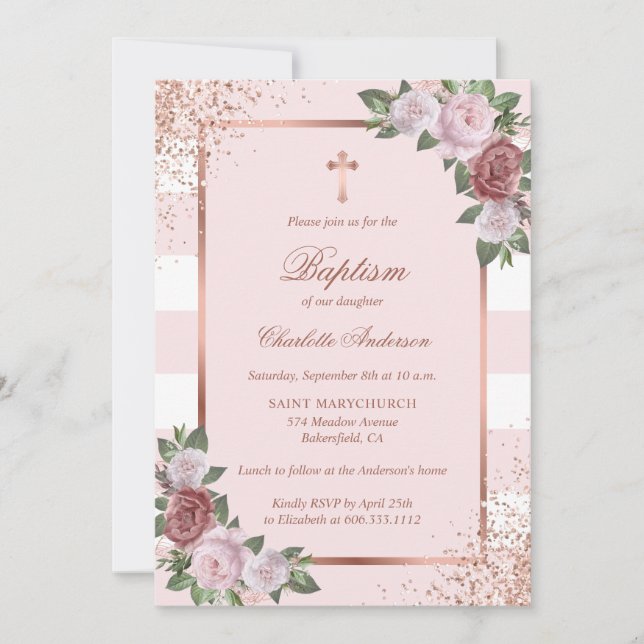 Schöne Rosa Rose Gold Bloral Taufe Einladung (Vorderseite)