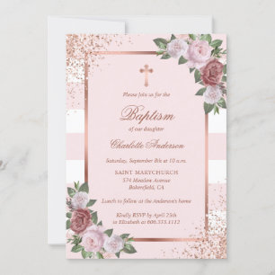 Schöne Rosa Rose Gold Bloral Taufe Einladung