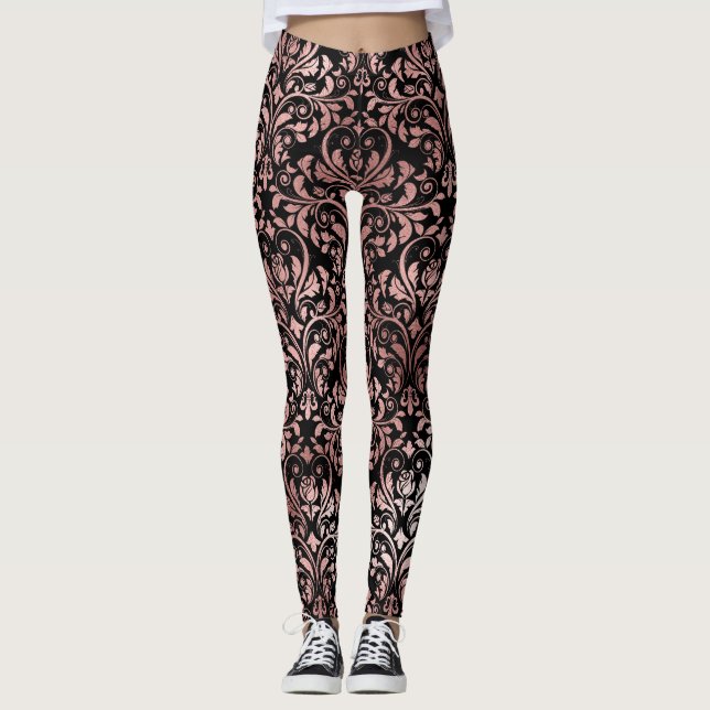 Schöne rosa Rose Gold Damask Black Leggings (Vorderseite)