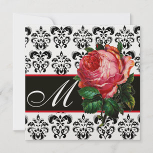 SCHÖNE ROSA ROSE  SCHWARZ WEISS  DAMAST MONOGRAMM EINLADUNG