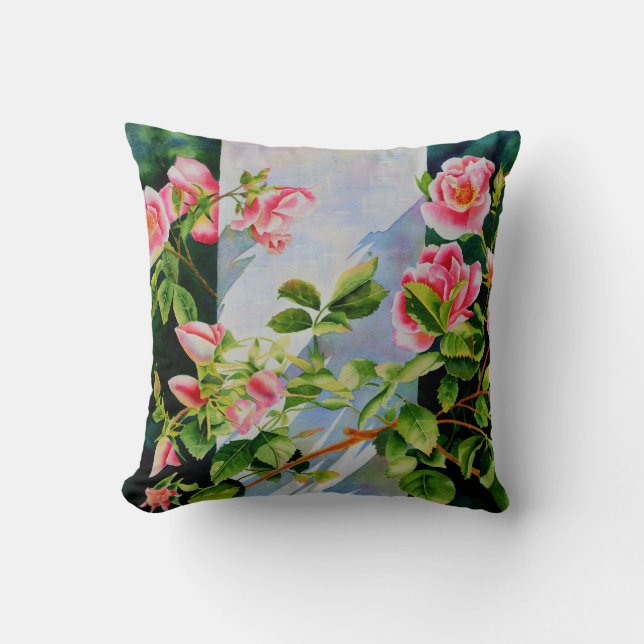 Schöne rosa Rosen Aquarellblüte Kissen (Vorderseite)
