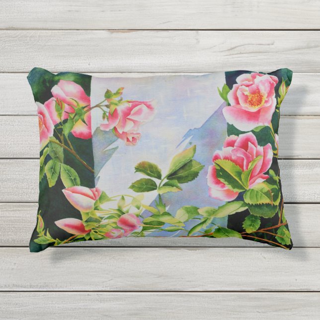 Schöne rosa Rosen Aquarellblüte Kissen Für Draußen (Vorderseite)