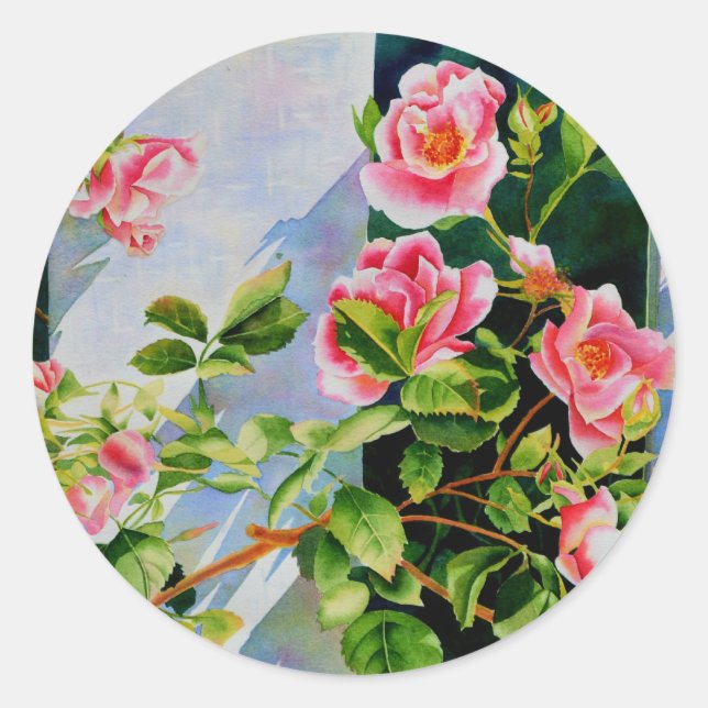 Schöne rosa Rosen Aquarellblüte Runder Aufkleber (Vorderseite)