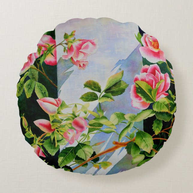 Schöne rosa Rosen Aquarellblüte Rundes Kissen (Vorderseite)