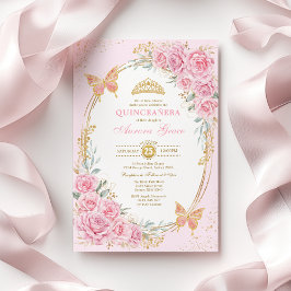 Schöne rosa Rosen Schmetterlinge Quinceañera Einladung