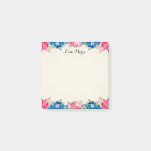 Schöne rosa Rosen und blaue Blumen personalisiert Post-it Klebezettel