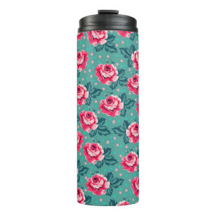 Schöne rosa Rosen und Polka-Punkte-Muster auf Türk Thermosbecher