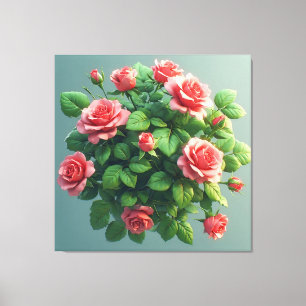 Schöne rosa Rosenbouquet mit üppigen grünen Blätte Leinwanddruck