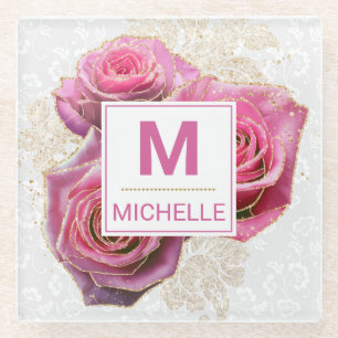 Schöne rosa und goldene Glamour-Rosen Monogramm Glasuntersetzer