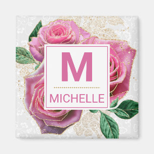 Schöne rosa und goldene Glamour-Rosen-Monogramm Magnet