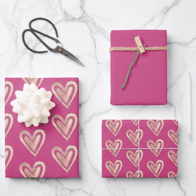 Schöne Rosa und Rose Goldene Herzen Geschenkpapier Set (Vorderseite)