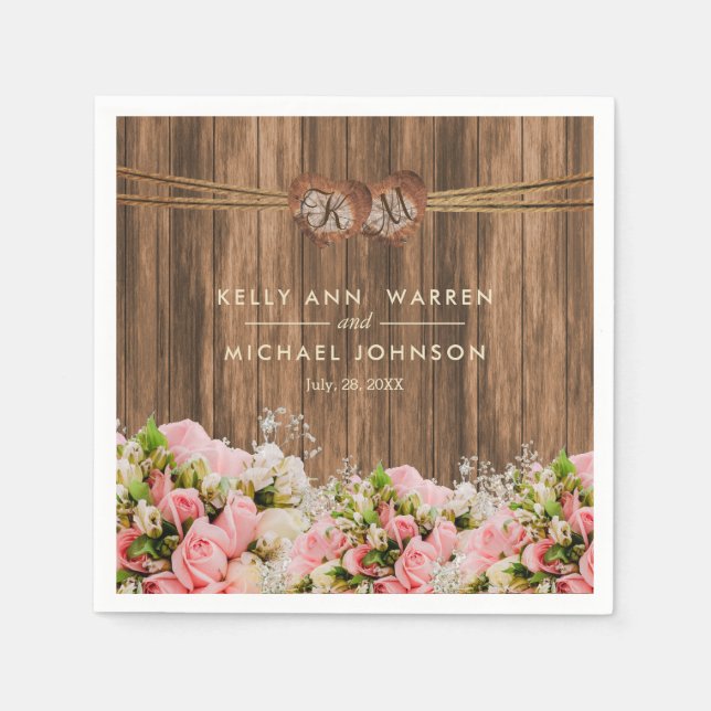 Schöne Rosa und Weiße Rosen auf Holz Serviette (Vorderseite)