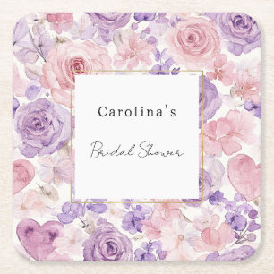 Schöne rosa violette Herzen Blumen-Brautdusche Rechteckiger Pappuntersetzer