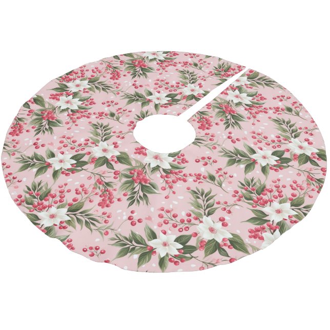 Schöne rosa Weihnachtsblüte und Berries Polyester Weihnachtsbaumdecke (Schrägansicht)