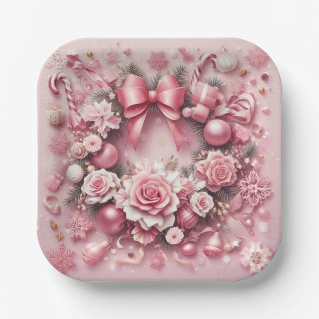 Schöne rosa Weihnachtskranz Blumenribons Pappteller (Vorderseite)