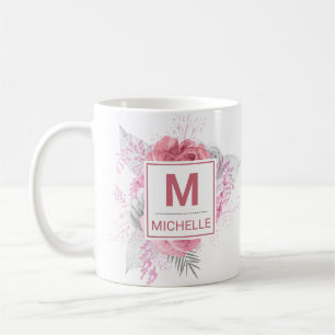 Schöne rosa, weiße und silberne Blumen Monogramm Kaffeetasse