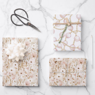 Schöne Rosafarbene Braune Florale Hochzeitsdusche Geschenkpapier Set