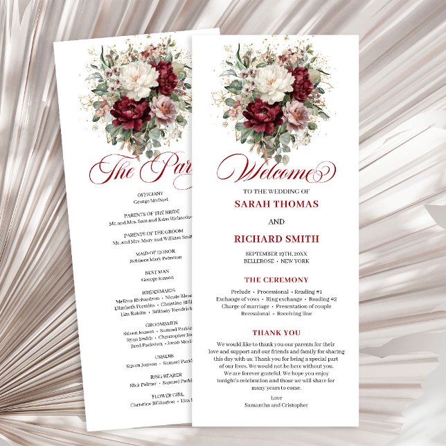 Schöne rosafarbene burgunderrote Hochzeitsprogramm Programm (Beautiful Blush Burgundy Wedding Program Card)