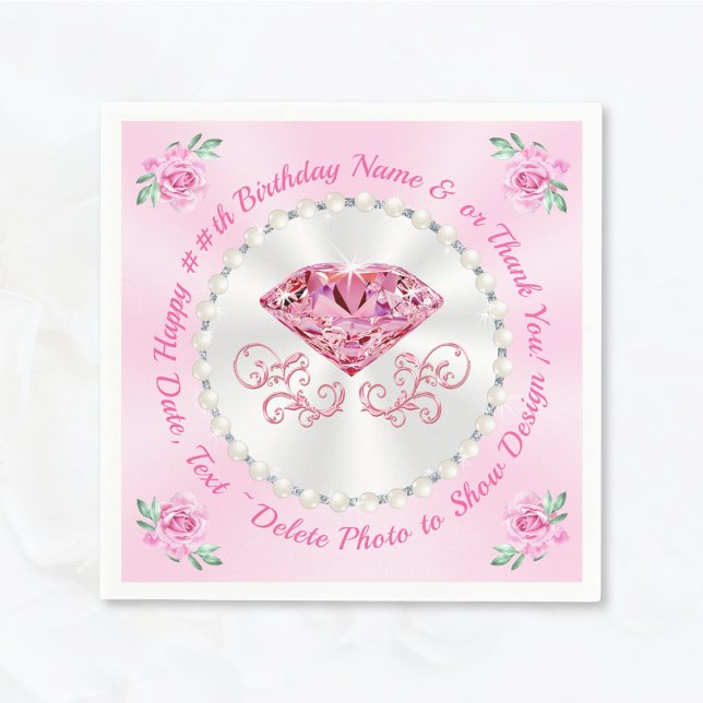 Schöne, rosafarbene Happy Birthday Napkins, 3 GRÖS Serviette (Diamond and Pearls, Pink Cocktail Napkins. Choose Luncheon or Dinner. Light, Pink Birthday Napkins.)
