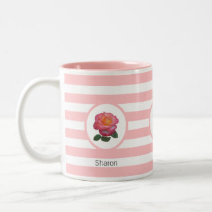Schöne Rose auf rosa und weiß gestreift Zweifarbige Tasse