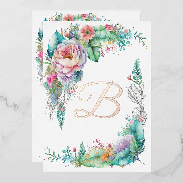 Schöne Rose Botanisches Floral Monogramm Folieneinladung (Vorderseite/Rückseite)